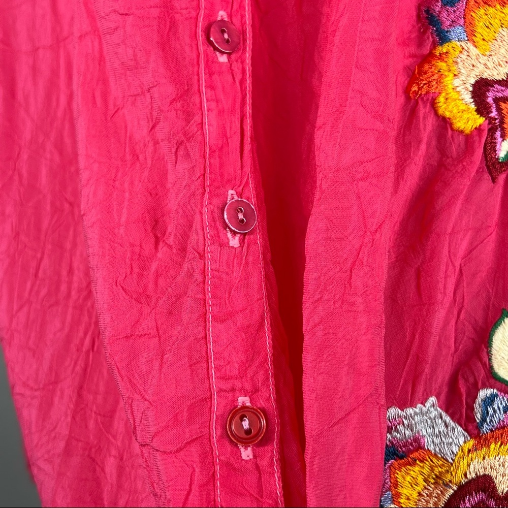 JOHNNY WAS Pink Embroidered Floral Boho Tunic Top Button Up Size Medium - Picture 7 of 12
